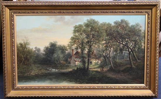William R. Stone , oil,  Figures beside a river in wooded landscape(-)